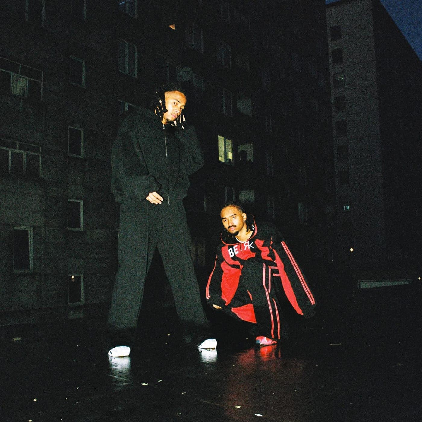Night exterior, two looks shot on wet ground
