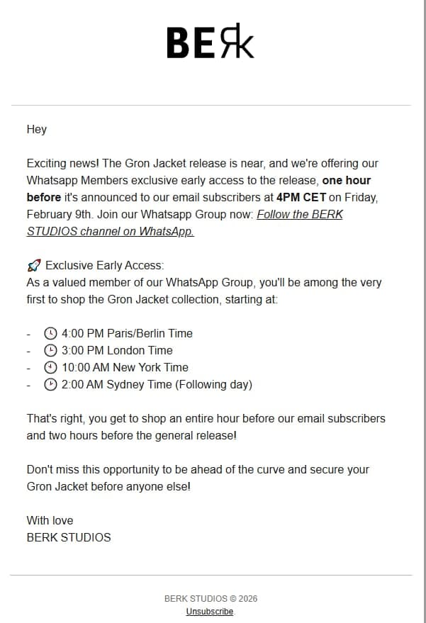 A sent campaign email offering members early access