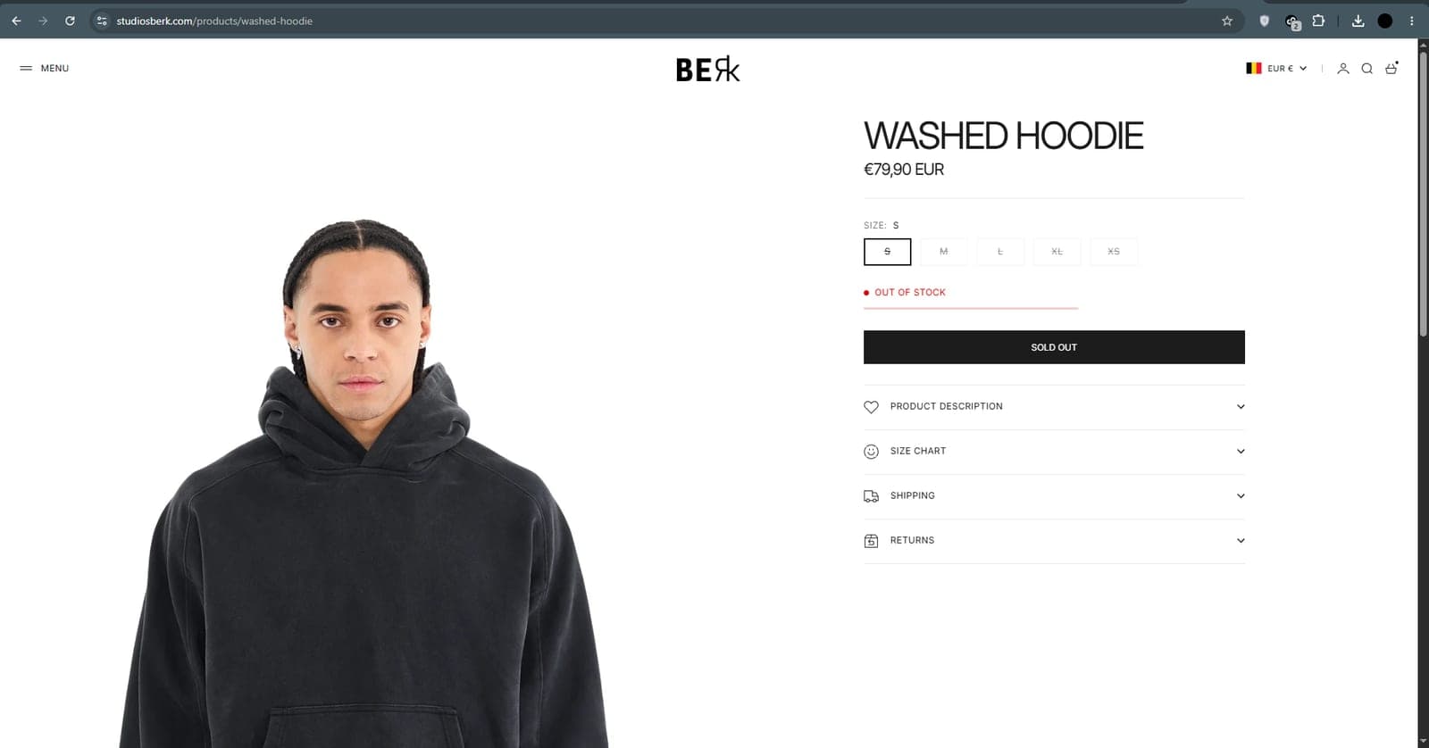 Product detail page for the washed hoodie