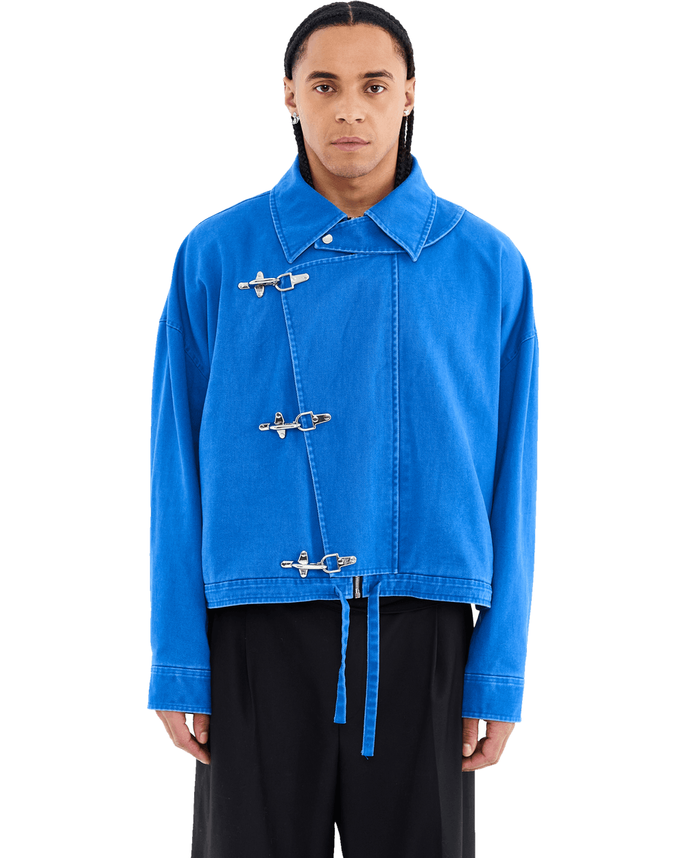Buckle jacket in blue, front